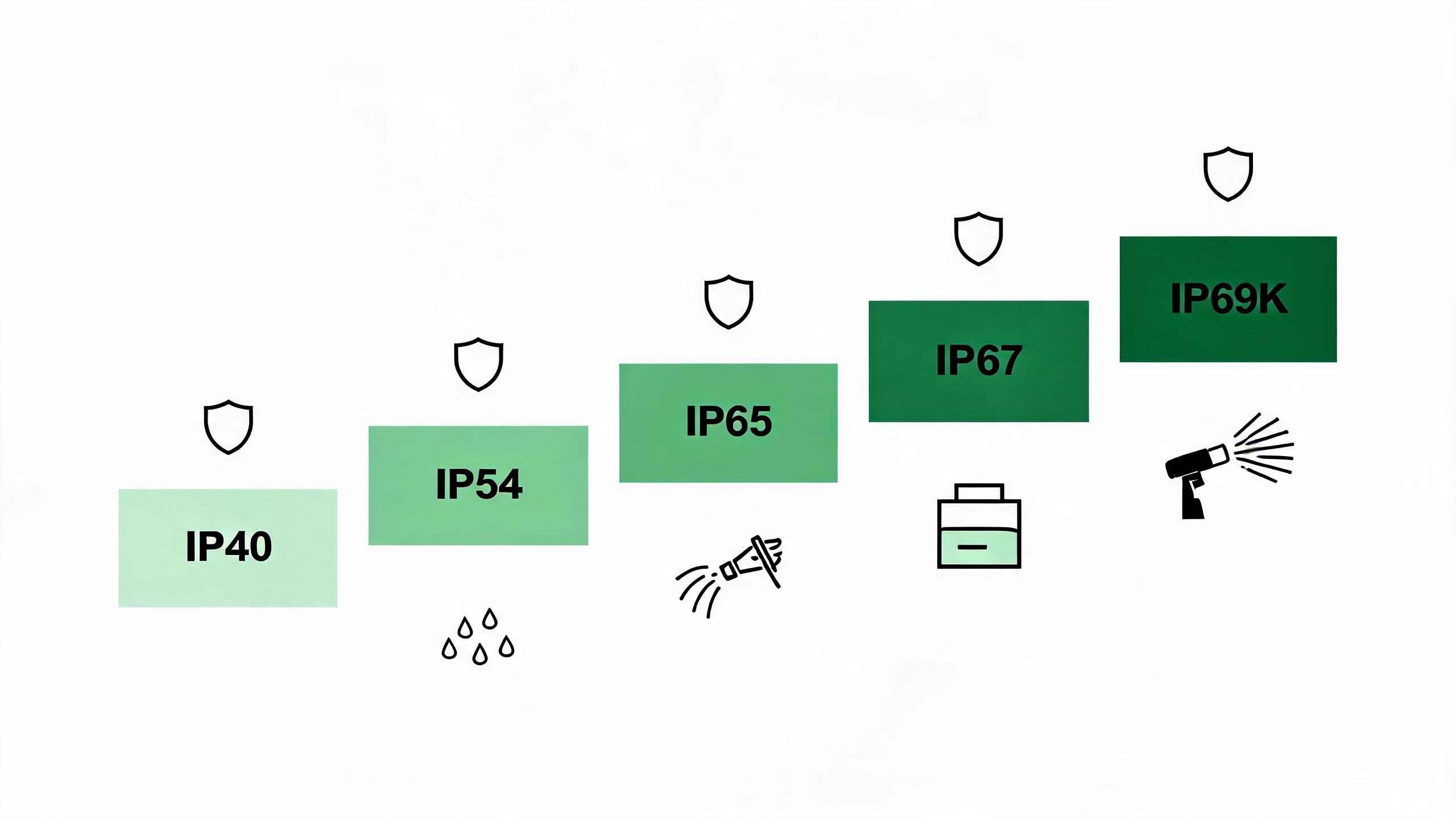 IP防护等级阶梯对比图:IP40到IP69K防护能力递进